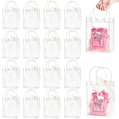 Ohuimrt 50 PCS Clear Plastic Gift Bags with Handles Reusable Party Favor Bags with Ribbon Transparent Gift Wrap Bags Bulk for Weddings Birthdays 59 x 79 x 28 Inches